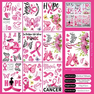 Pink ribbon static window clings set featuring butterflies and motivational breast cancer awareness phrases