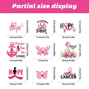 Detailed size chart for nine pink ribbon breast cancer awareness static window stickers