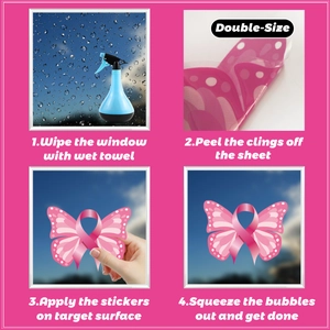 Four-step installation guide for pink ribbon butterfly window decals with double-sided print