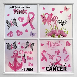 Pink ribbon breast cancer awareness static window clings with butterfly and heart designs