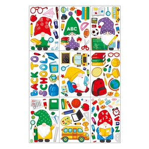 Cartoon gnome back to school window stickers with school bus and apple motifs