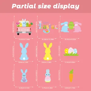 Size chart for Easter window stickers showing truck, bunny, and egg dimensions in cm/in