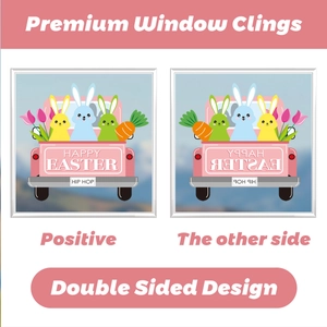 Double-sided Easter window clings showing colorful rabbits and pink truck designs
