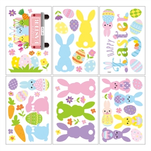 Detailed set of 6 Easter window decals featuring rabbits, colorful eggs, and pink truck