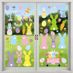 Easter bunny window stickers with colorful eggs and flowers for festive home decoration