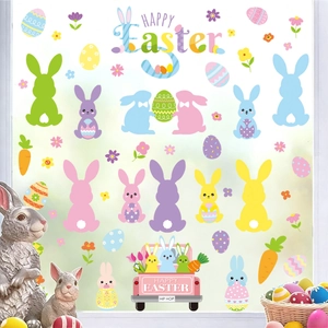 Easter window clings set with colorful rabbits and eggs for festive home glass decoration