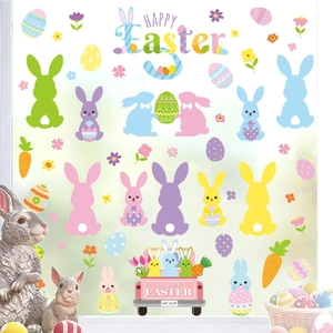 Easter window clings featuring colorful rabbits and pink truck for home holiday decoration