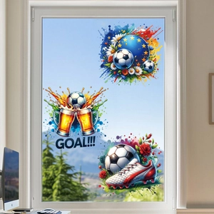 Detailed 3D watercolor football window stickers with Goal text and soccer cleats on glass