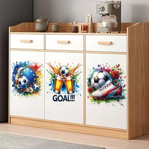 Modern wood storage cabinet featuring 3D watercolor football world cup wall stickers