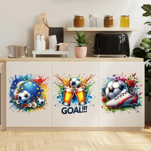 Detail of 3D watercolor soccer wall stickers featuring Goal text and football shoes
