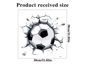 Detail view of 3D soccer wall sticker showing 30x30cm dimensions and breaking wall effect
