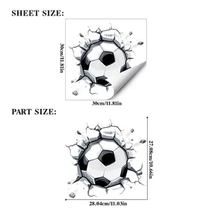 3D football static window sticker with broken wall effect showing size and dimensions