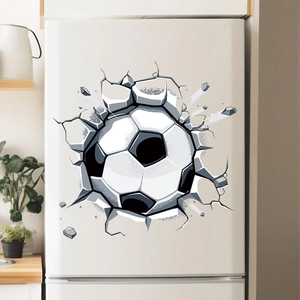 3D soccer ball wall sticker with cracked wall effect applied on a white refrigerator surface