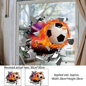 Détail d'un sticker mural 3D football avec effet feu et guide de taille 30x30cm