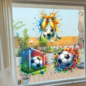 3 Sheets Football World Cup Window Stickers PVC Soccer Theme Champagne Goal Floral Wall Decals For Home Party Celebration