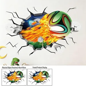 Detail view of 3D cracked wall soccer decal with flaming effect and size dimensions
