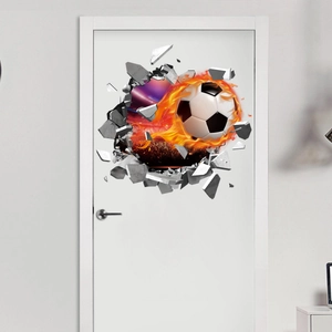 Sticker statique 3D ballon de foot en feu traversant le mur pour décoration