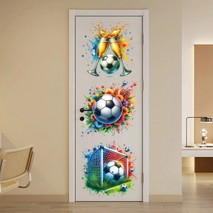 Detail of football party window stickers featuring champagne, flowers and goal on a white door