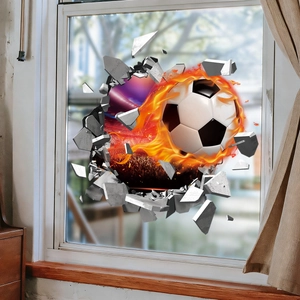 Sticker mural 3D ballon de football en feu avec effet de verre brisé réaliste pour vitre