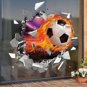 Sticker de fenêtre football 3D avec ballon en feu brisant un mur de briques