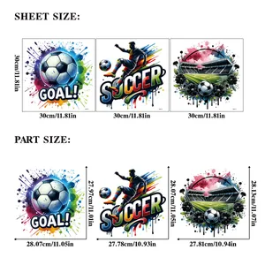 Detailed size chart for 3D soccer wall stickers showing dimensions of ball and player decals