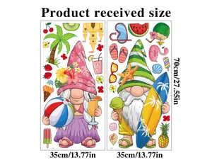 Detailed product dimensions for the 2-piece summer beach gnome window sticker set