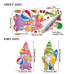 Detailed dimensions of 2-piece summer gnome window stickers with surfing theme motifs