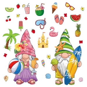 Summer beach gnome window stickers with beach ball, surfboards and tropical fruits stickers