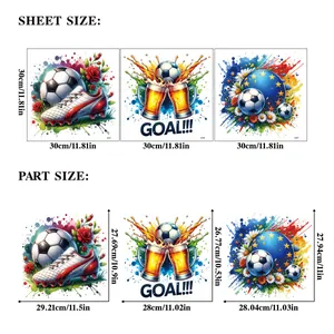 Size guide for World Cup football wall stickers showing 30x30cm sheet and pattern dimensions