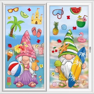 Summer beach gnomes window stickers featuring tropical fruits and surfboards for glass decor