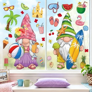 Summer beach gnomes window cling stickers with palm trees and ice cream decorations