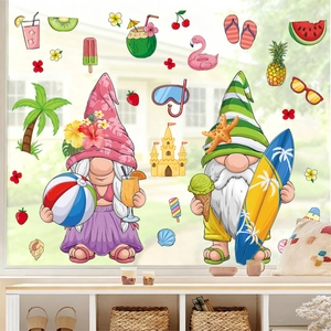 Detail of beach-themed summer gnome static window clings applied on a clear glass window
