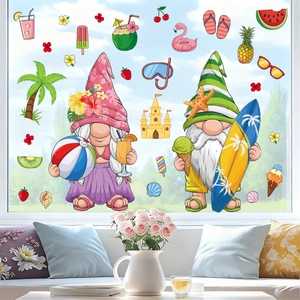 Close-up of summer beach gnomes and palm tree static window decals on a glass surface