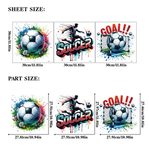 Detailed sheet size guide for 3D soccer wall stickers including goal and player designs