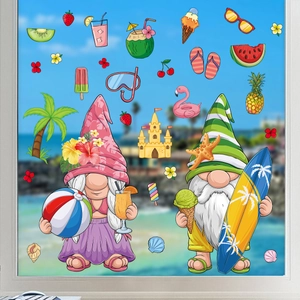 Summer beach gnome static window clings shown on glass with tropical beach background