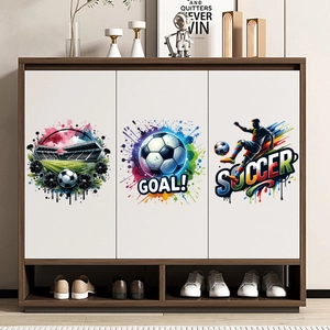 Three-piece colorful soccer theme stickers with Goal and Soccer text on white cabinet