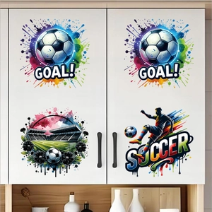 Watercolor soccer ball and GOAL stickers set applied on modern white cabinet surface