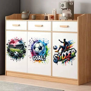 Detailed view of white and wood storage cabinet with soccer goal patterns in a cozy room
