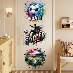 Self-adhesive 2026 soccer wall stickers with colorful watercolor goal and player graphics