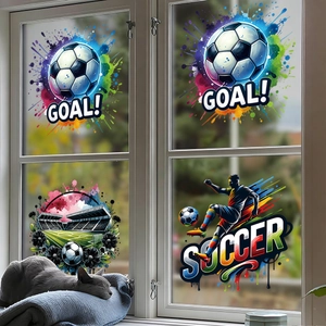 Artistic soccer window stickers with colorful graffiti goal motifs on a bright glass pane