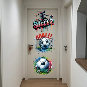 Graffiti soccer wall stickers with GOAL text displayed on a white wooden door
