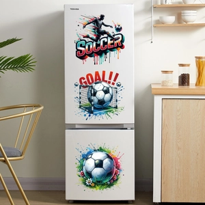 Watercolour style football stickers on a white fridge door for World Cup decor