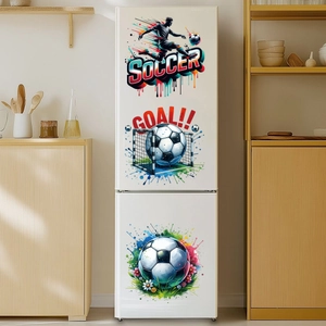 Colorful watercolor soccer window decals featuring players and Goal text on a white surface