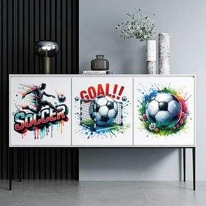 Modern white side cabinet with watercolor soccer player theme stickers and black legs