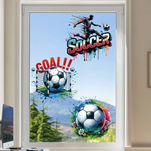 Detail of soccer window stickers with colorful graffiti silhouettes and Goal lettering