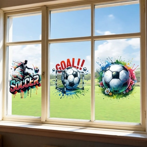 Vibrant watercolor soccer window clings showing goal moments and silhouettes on glass