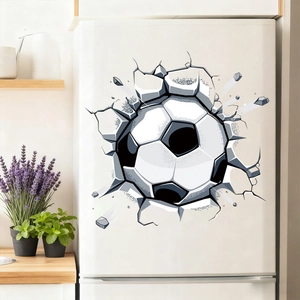 3D football wall decal showing a soccer ball breaking through wall for home decoration