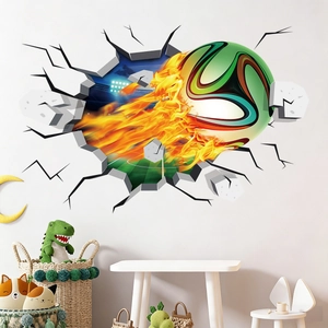 3D flame soccer ball wall decal bursting through wall in a modern child's bedroom