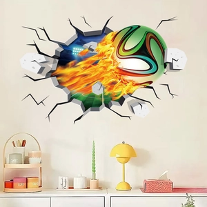 3D football wall decal featuring a realistic fire effect breaking through white walls