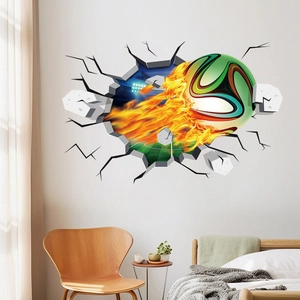 3D flame soccer wall decal with realistic broken wall effect for sports room decoration